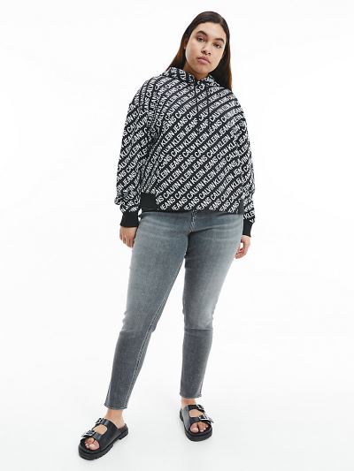 Calvin Klein Ruhák HU738515 | Calvin Klein Plus Size All-Over Logo Női Kapucnis Pulóver Fekete / Feh
